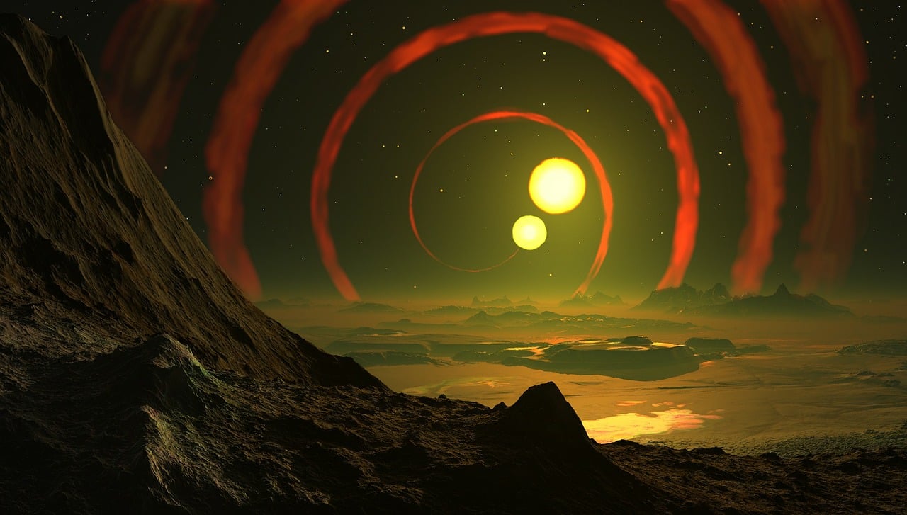 an artist's rendering of a planetary landscape, digital art, by Greg Staples, with two suns in the sky, planet with rings, bright yellow and red sun, beautiful sci - fi twins