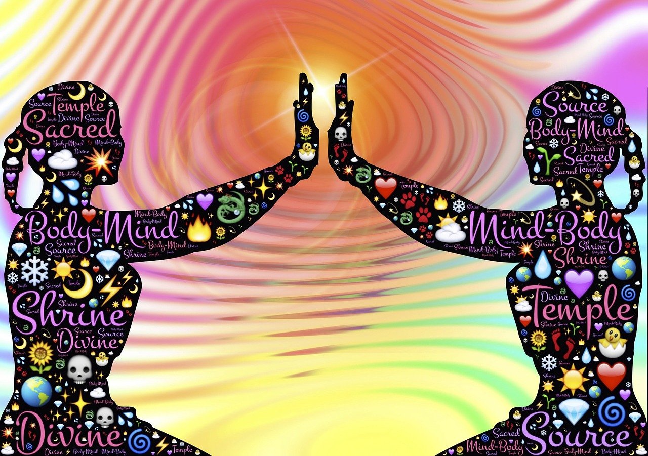 a couple of people standing in front of a colorful background, a digital rendering, inspired by Alex Grey, anjali mudra, detailed image, background image, peace and love