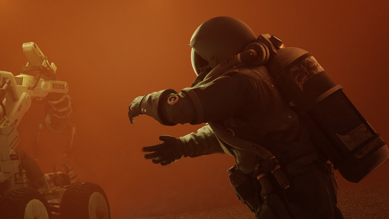 a man in a space suit standing next to a robot, by Eglon van der Neer, trending on polycount, sand storm enters, haze over the shoulder shot, a soldier aiming a gun, photo of scp-173