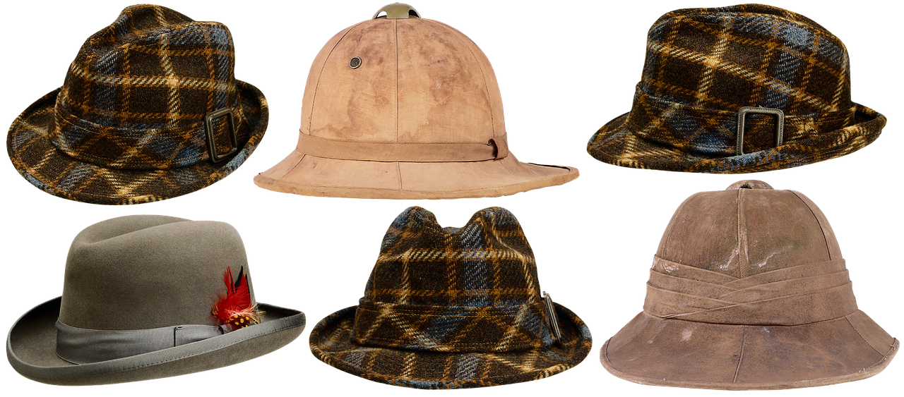 a group of hats sitting next to each other, inspired by Joseph Beuys, shutterstock, digital art, tartan garment, scans from museum collection, faded hat, brown
