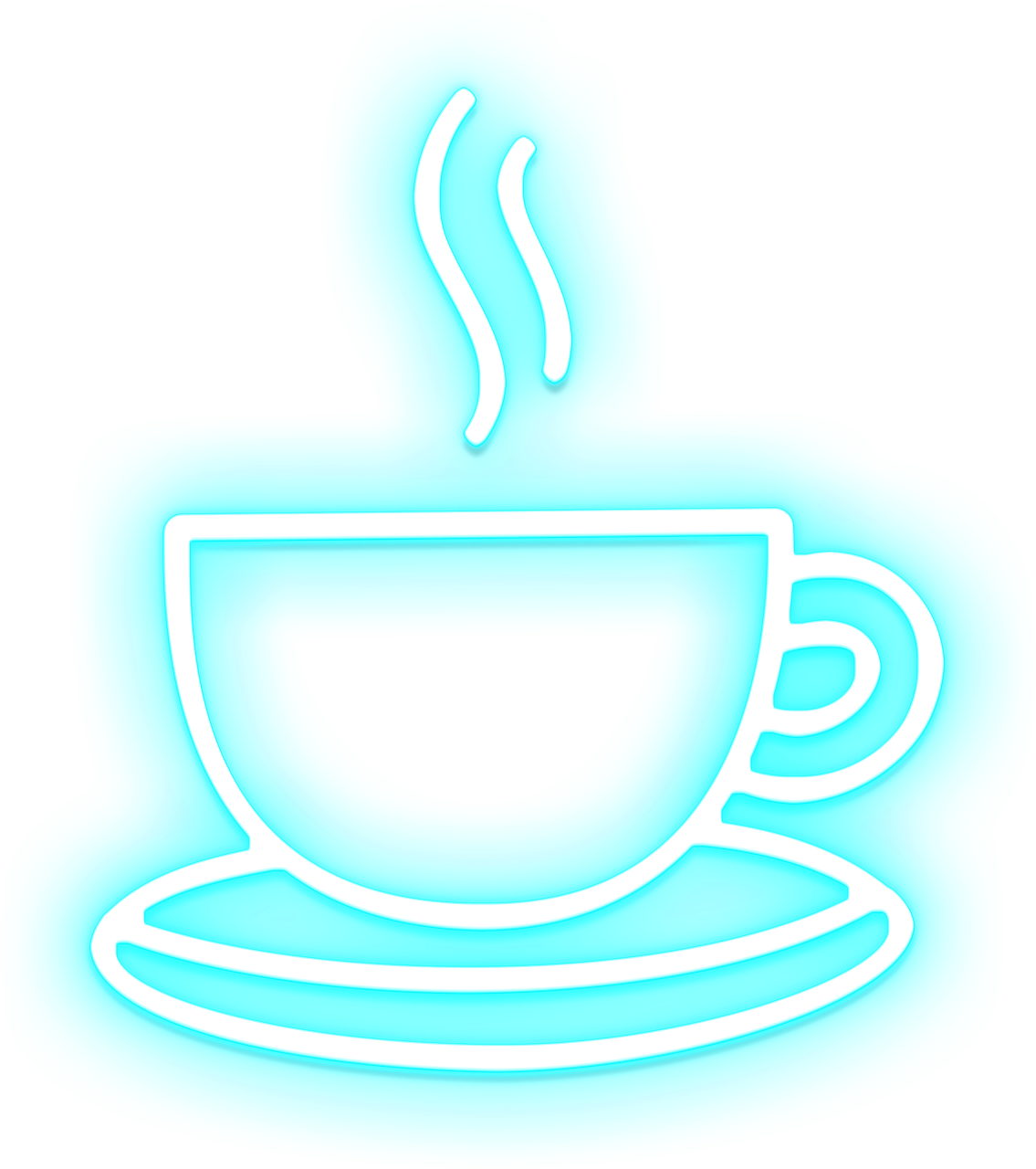 a cup of coffee sitting on top of a saucer, a digital rendering, by Howard Arkley, pexels, pop art, neon blue color, outline glow, 1128x191 resolution, flat color