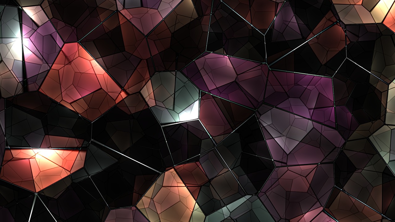 a bunch of glass cubes sitting on top of each other, digital art, crystal cubism, stained glass background, obsidian skin, hexagonal stones, jelly - like texture