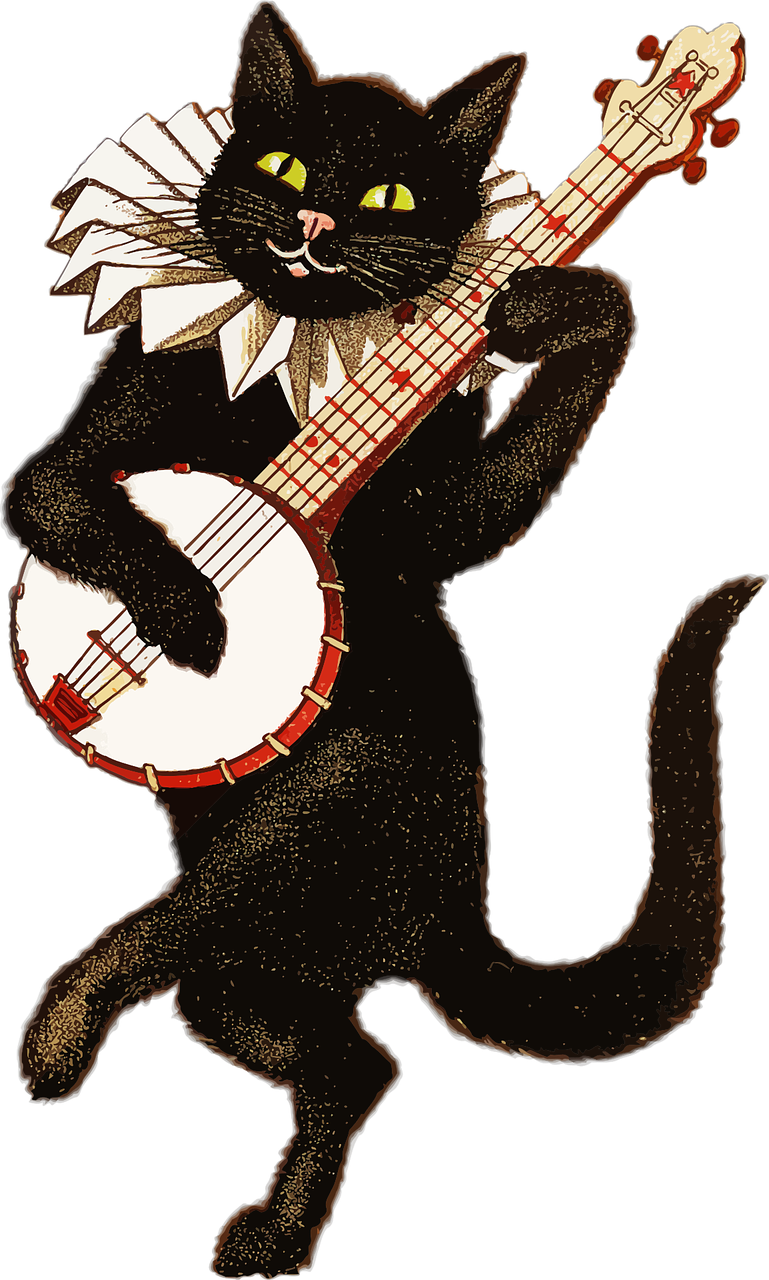 a black cat playing a banjo on a white background, an illustration of, inspired by Louis Wain, costume, high res, bass, full image