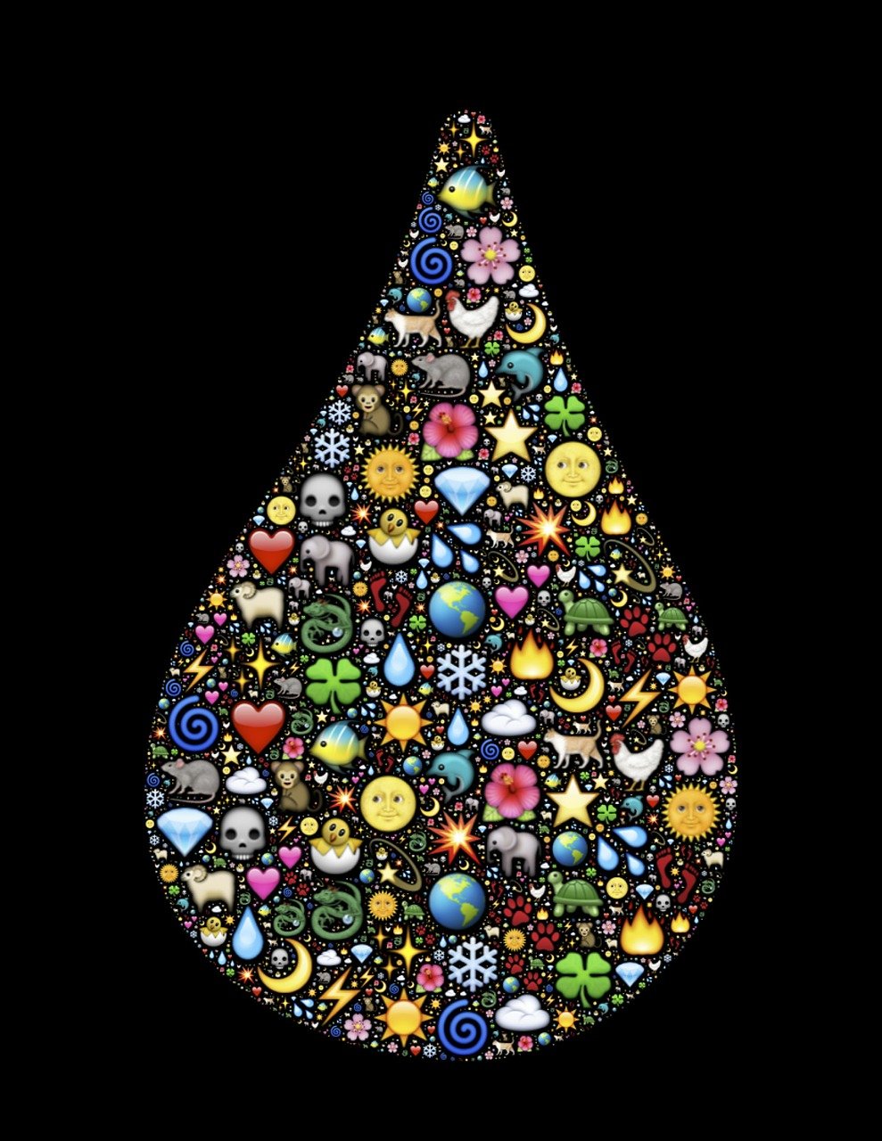 a drop of water filled with lots of different things, a mosaic, toyism, digital art emoji collection, beautiful lit, the world tree, black goo