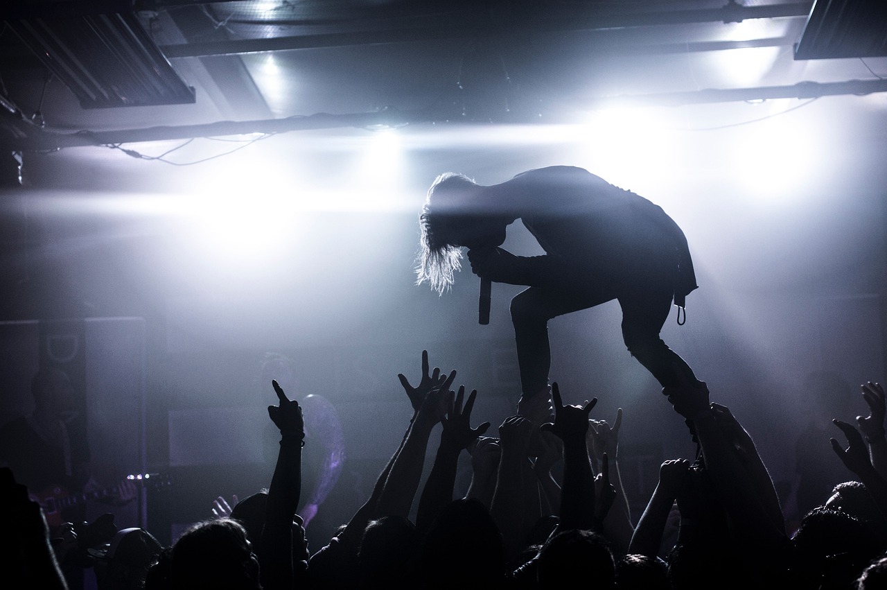 a man standing on top of a stage in front of a crowd, a picture, by Matija Jama, crystal castles, with fingers, mikko lagerstedt, jamie campbell bower