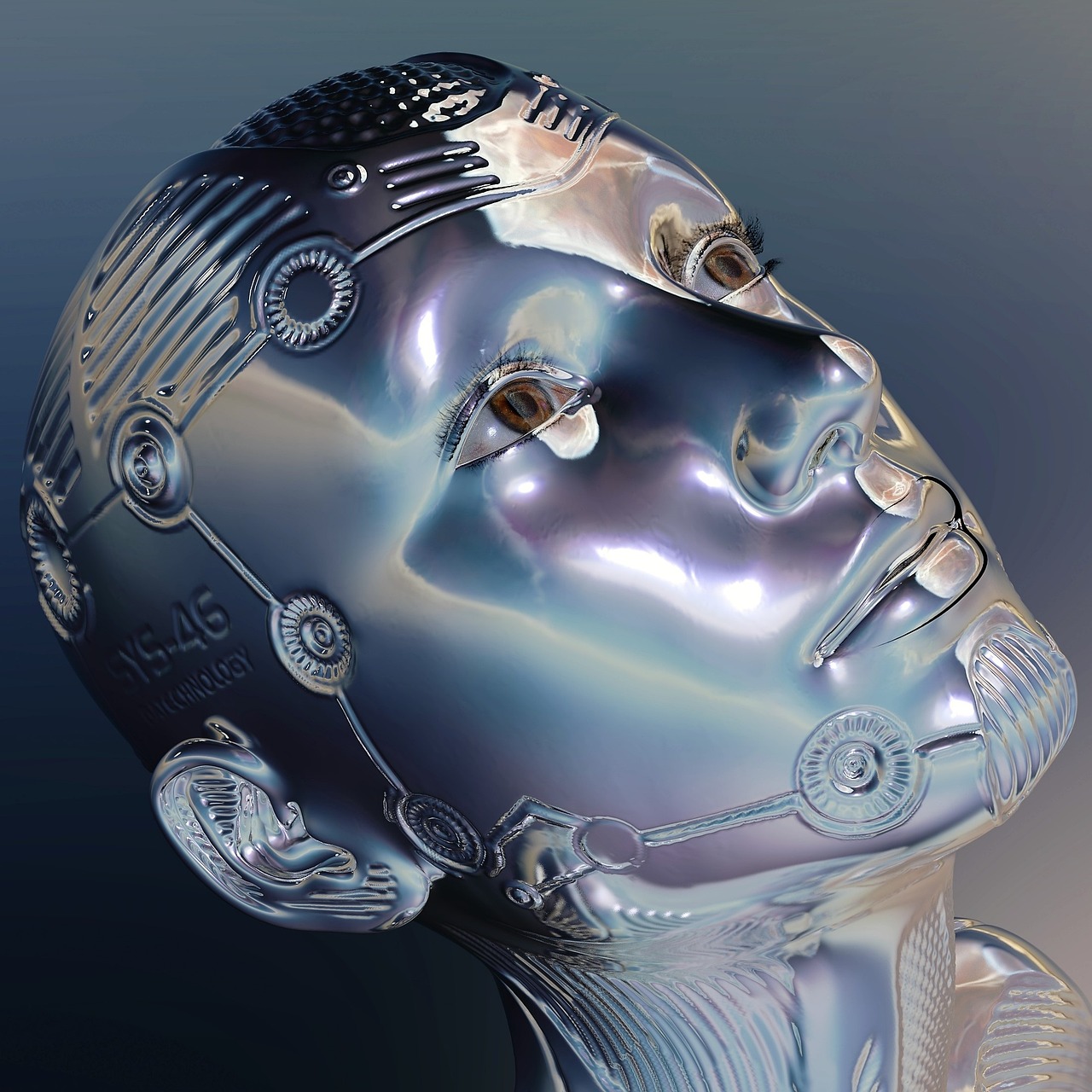 a close up of a silver robot's head, digital art, digital art, close-up of a robot sitting down, ai researcher, glass face, well designed head