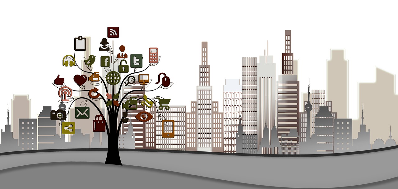 a cityscape with a tree in the foreground, a digital rendering, trending on pixabay, gadgets, stacked image, cartoonish and simplistic, business surrounding
