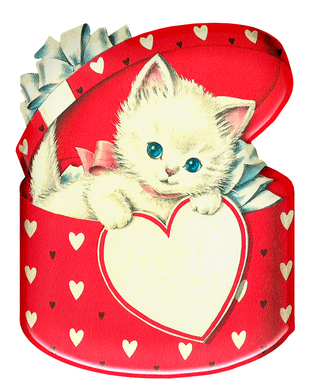 a close up of a box with a cat inside of it, by Valentine Hugo, heart, vintage - w 1 0 2 4, cute beautiful, scarlet