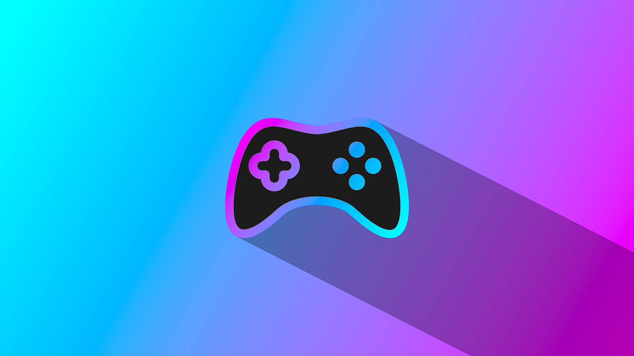 a video game controller with a long shadow, minimalism, purple and blue colored, istock, fantasy game spell symbol, flat vibrant colors