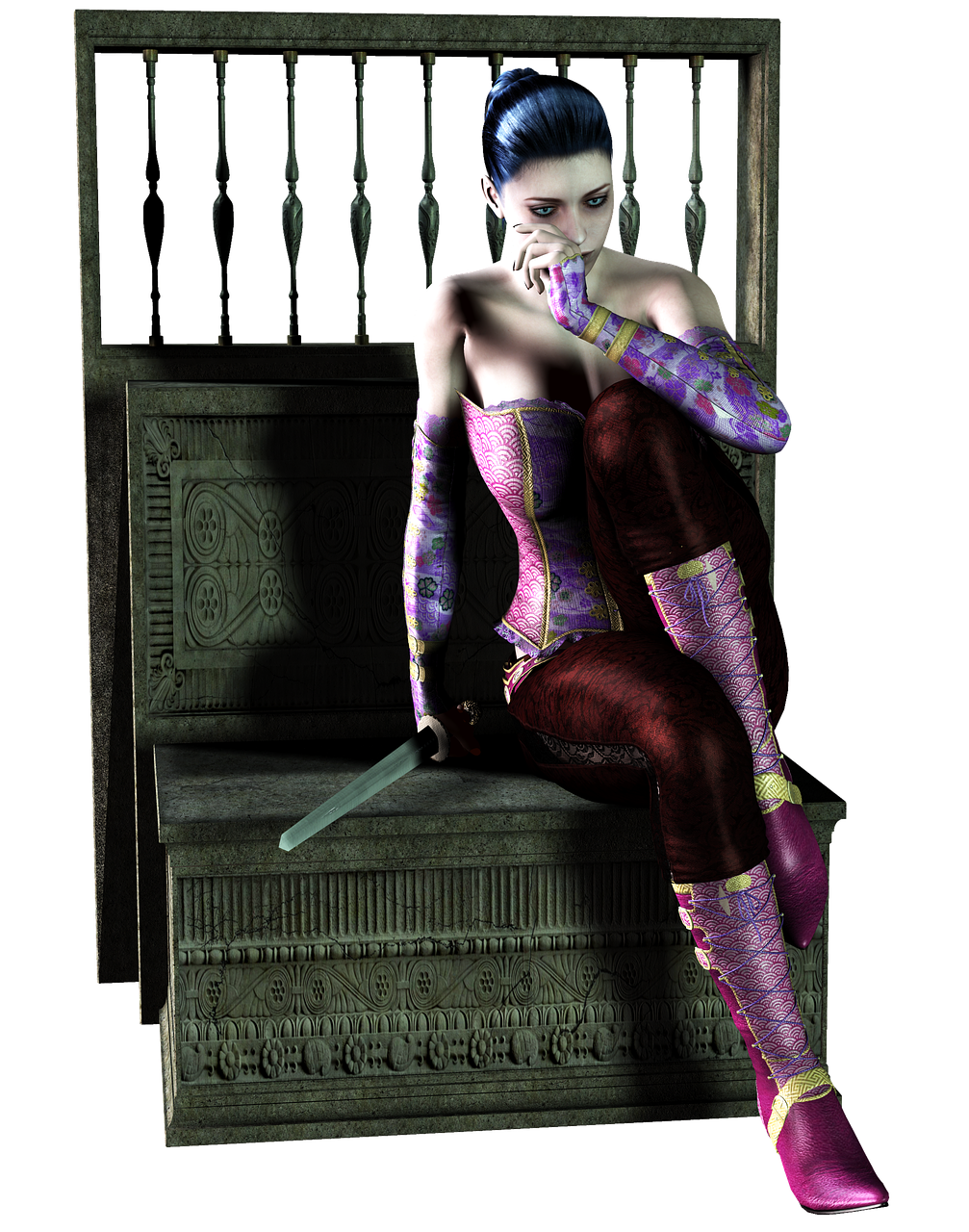 a woman sitting on a bench with a knife in her hand, a 3D render, inspired by Anne Stokes, fuchsia skin beneath the armor, hard lighting!, resident evil inspired, guillotine rgb