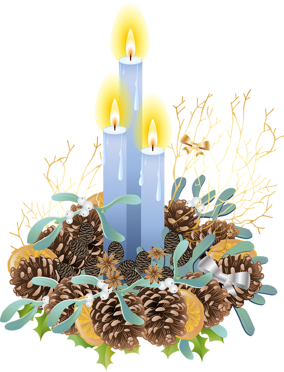 a candle surrounded by pine cones and leaves, a digital rendering, inspired by Ernest William Christmas, naive art, trio, sea, silver, no gradients