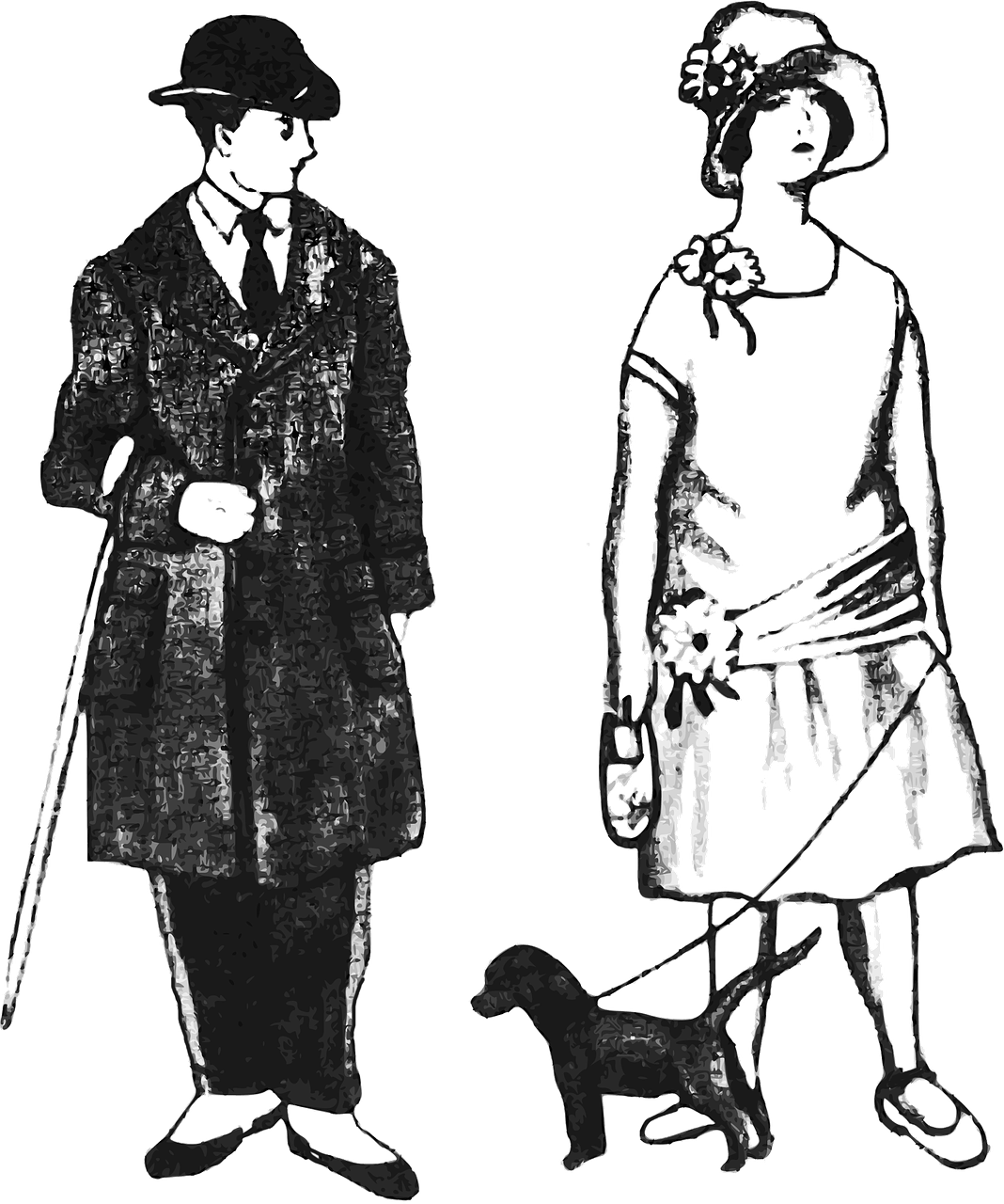 a black and white drawing of two people and a dog, a digital rendering, by Odhise Paskali, cg society, art nouveau, metal garments, giacometti, 1 9 2 0 cloth style, ( ( dithered ) )