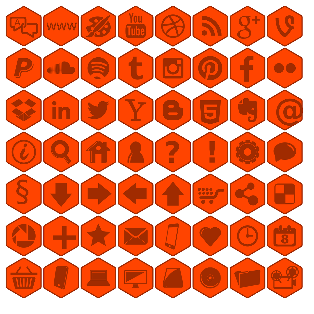 a set of orange hexagonal icons on a white background, by Justin Sweet, reddit, detiled, social media, 6 0 s, red monochrome