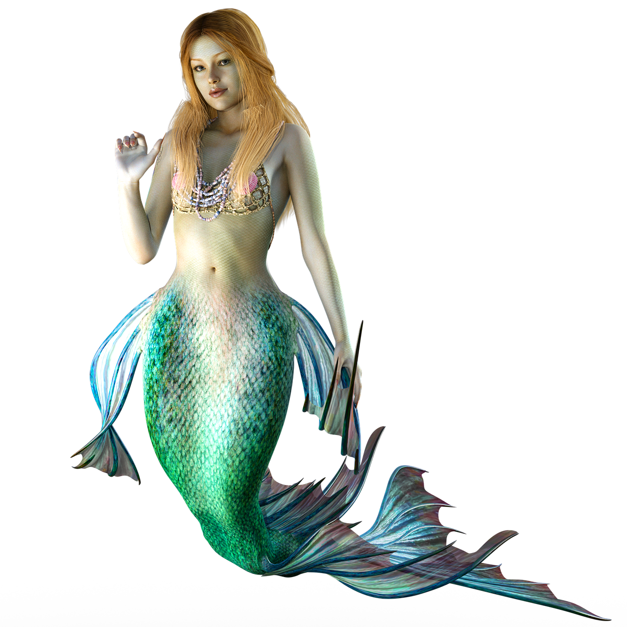 a woman in a bikini sitting on top of a mermaid tail, a raytraced image, fantasy art, with red hair and green eyes, in front of a black background, dressed in long fluent skirt, 3 d render of a full female body