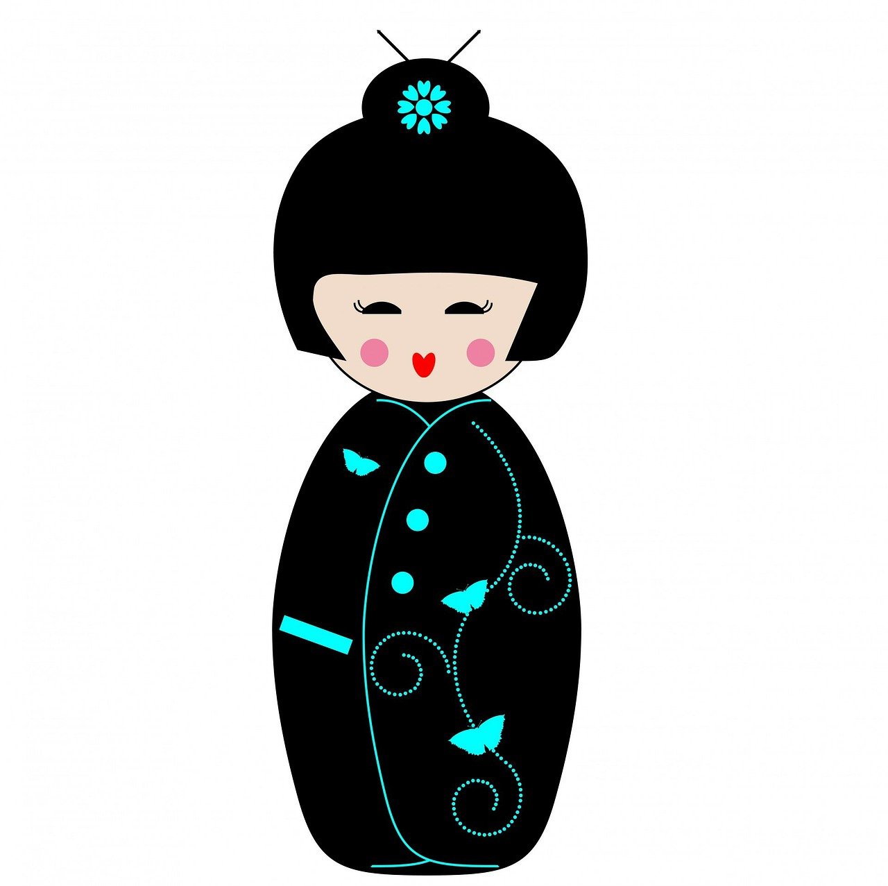 a black and blue geisha doll on a white background, vector art, mingei, turqouise, hand drawn svg, bun ), posh