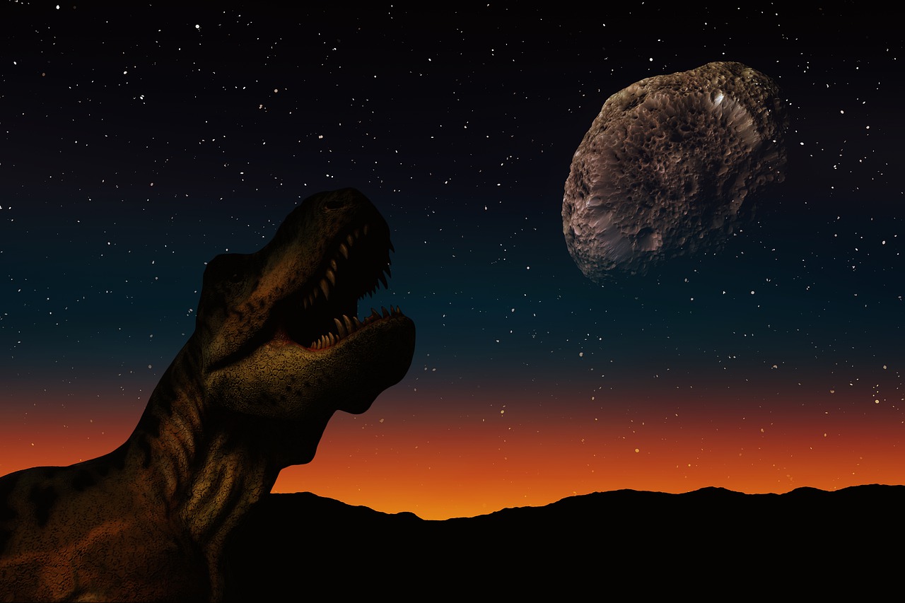 a dinosaur with its mouth open looking at the moon, inspired by Ted Nasmith, digital art, cinematic shot!, two planets colliding, wide shot photo, planet terror planet