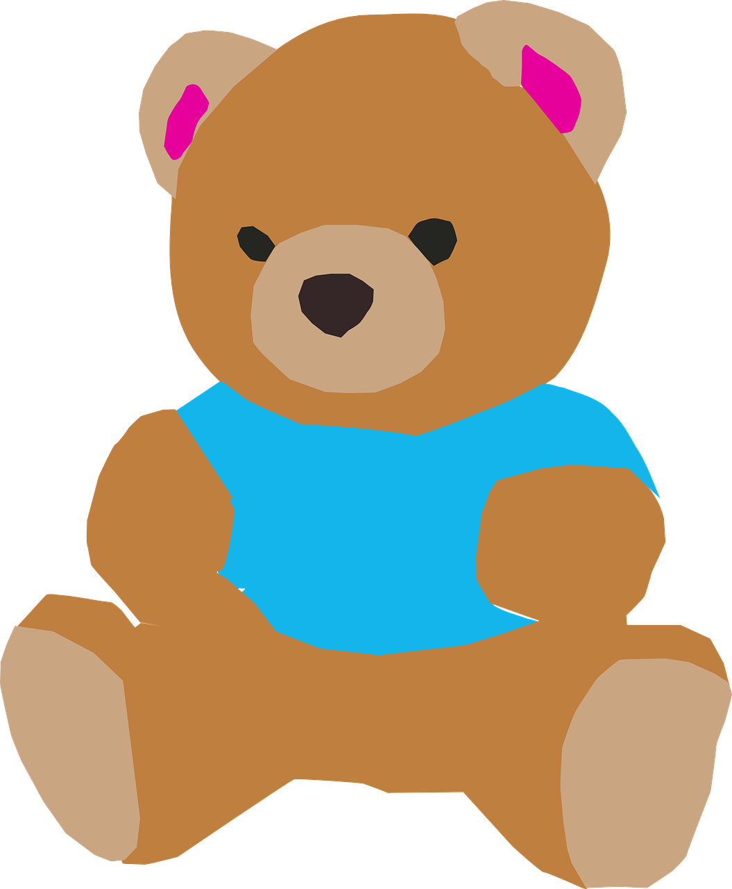 a brown teddy bear wearing a blue shirt, a digital rendering, by Taiyō Matsumoto, reddit, mingei, lineless, children\'s book drawing, with a black background, girls