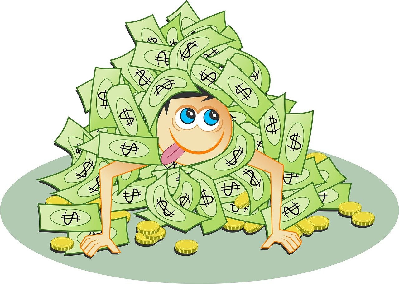 a man laying on top of a pile of money, an illustration of, conceptual art, mascot illustration, huge-eyed, very humorous illustration, clip art