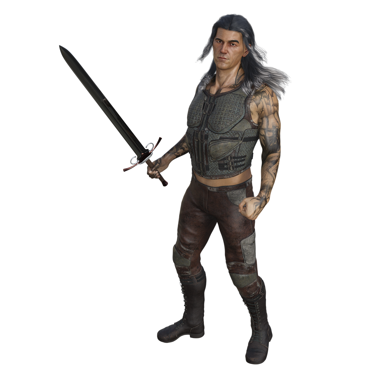 a man with a sword standing in front of a black background, a character portrait, trending on polycount, dau-al-set, ciri, photorealistic full body, wearing leather armored vest, cel shaded pbr