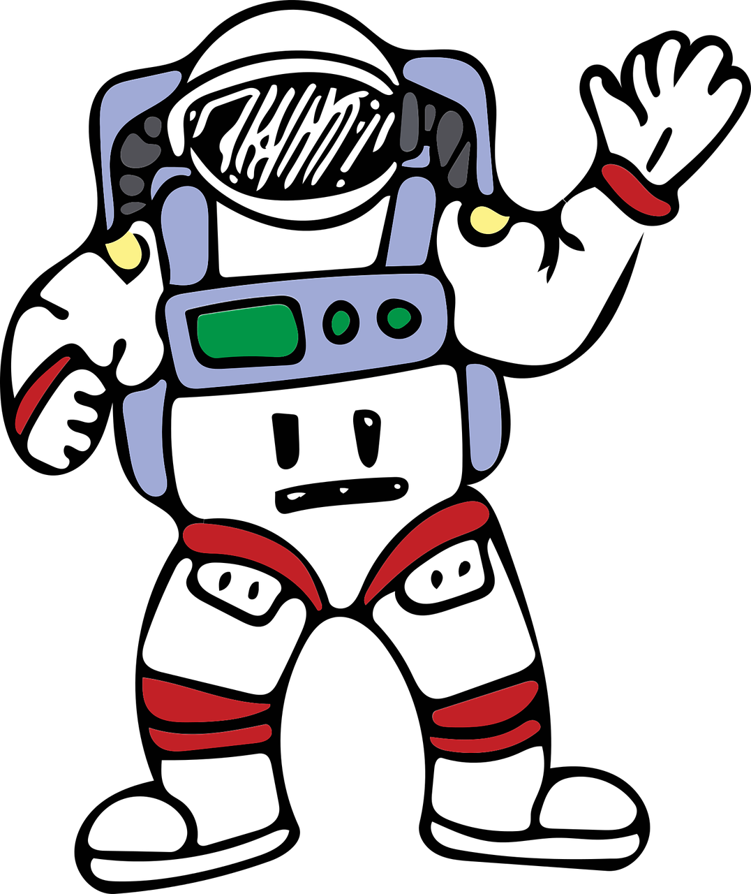 a drawing of a robot on a black background, buzz lightyear, harness, it has a red and black paint, backlight body