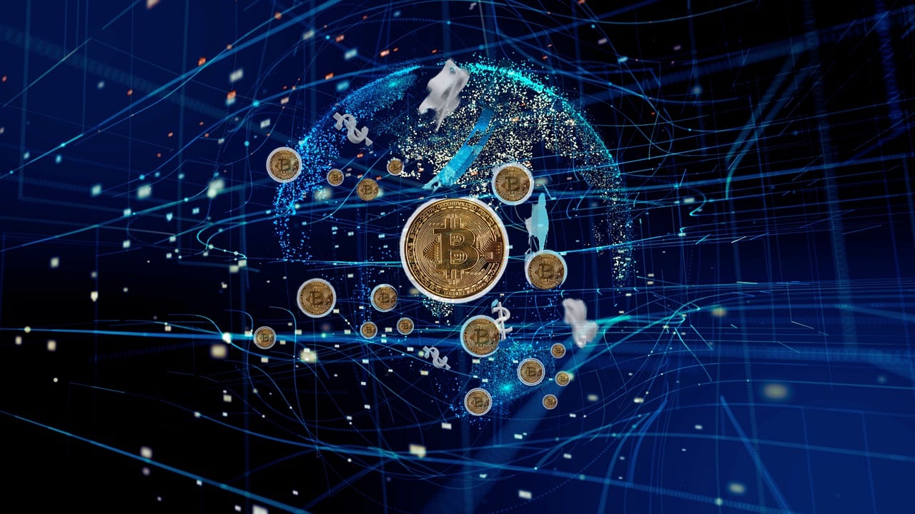 a picture of the earth with a lot of bitcoins coming out of it, trending on pixabay, digital art, wires earth background, instagram picture, evolution, blue circular hologram