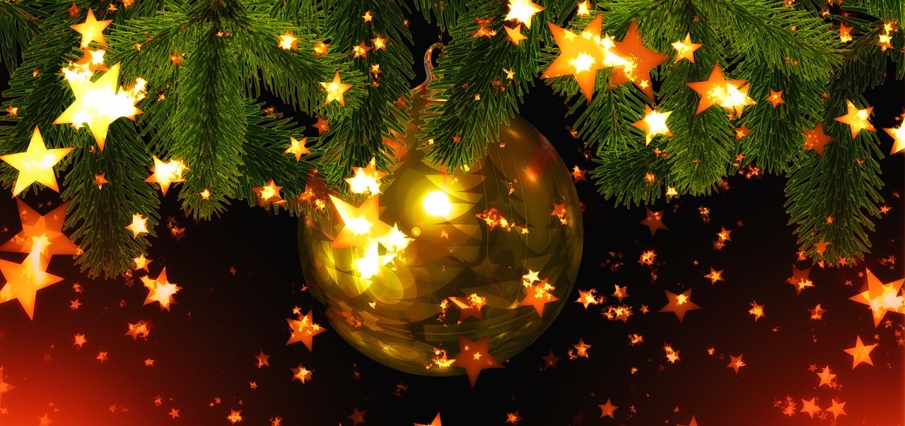 a christmas ornament hanging from a christmas tree, a digital rendering, by Aleksander Gierymski, pixabay, digital art, stars background, among wonderful golden fireflies, avatar image, closeup view