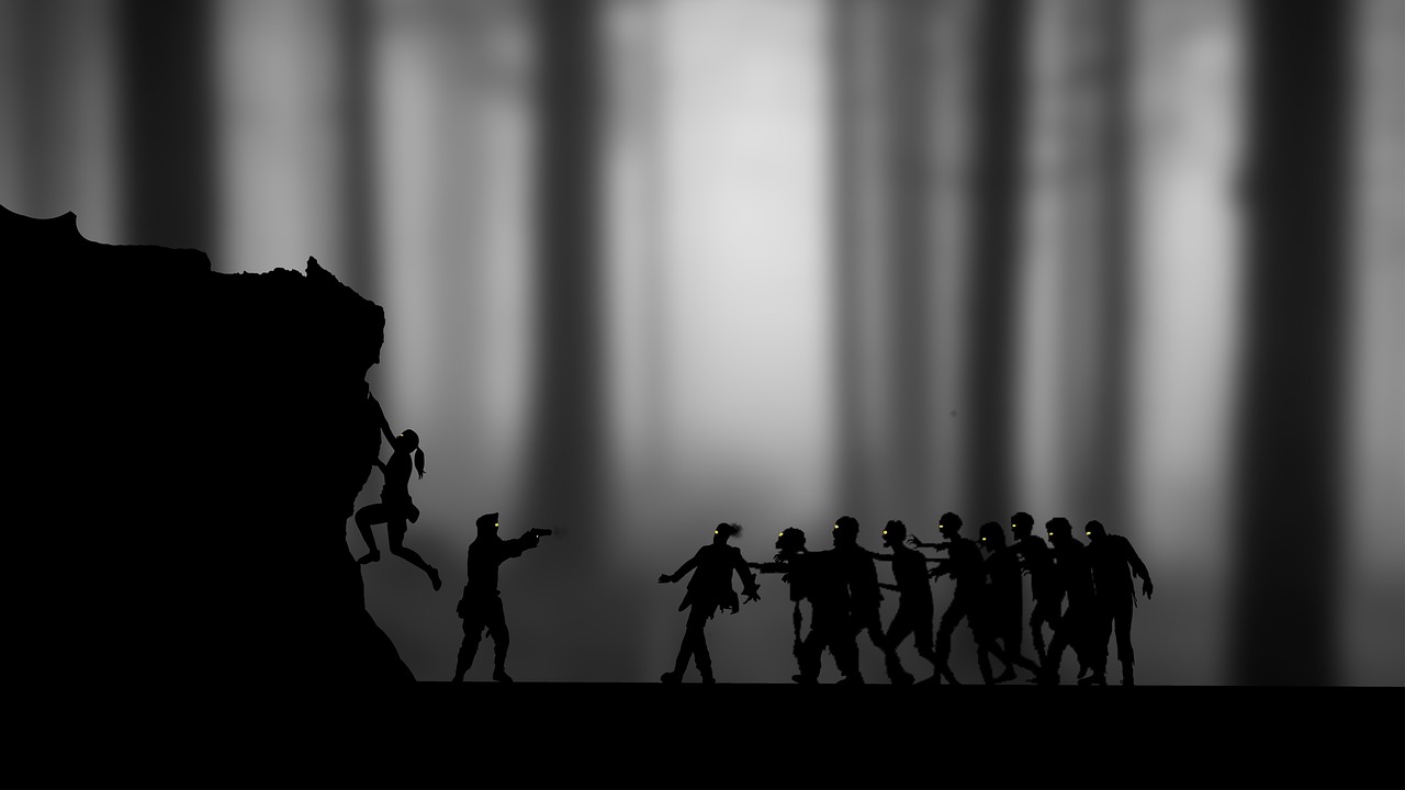 a group of people that are standing in the dark, inspired by Grzegorz Domaradzki, tumblr, background: battle scene, attack zombie during worldwar 2, grey forest background, minimalist wallpaper