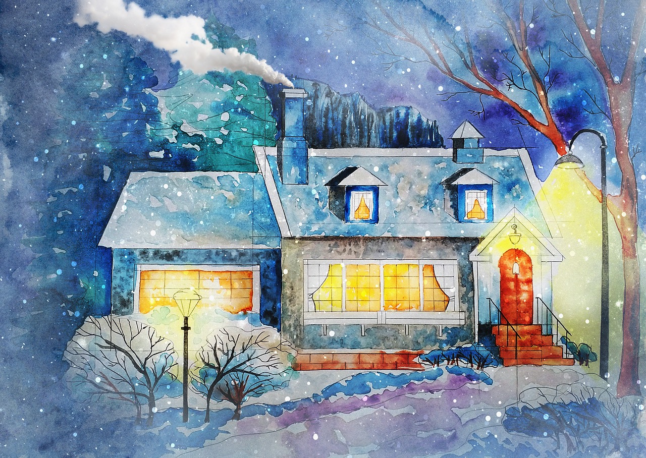 a watercolor painting of a house in the snow, shutterstock, windows lit up, 3 4 5 3 1, glossy painting, complex scene