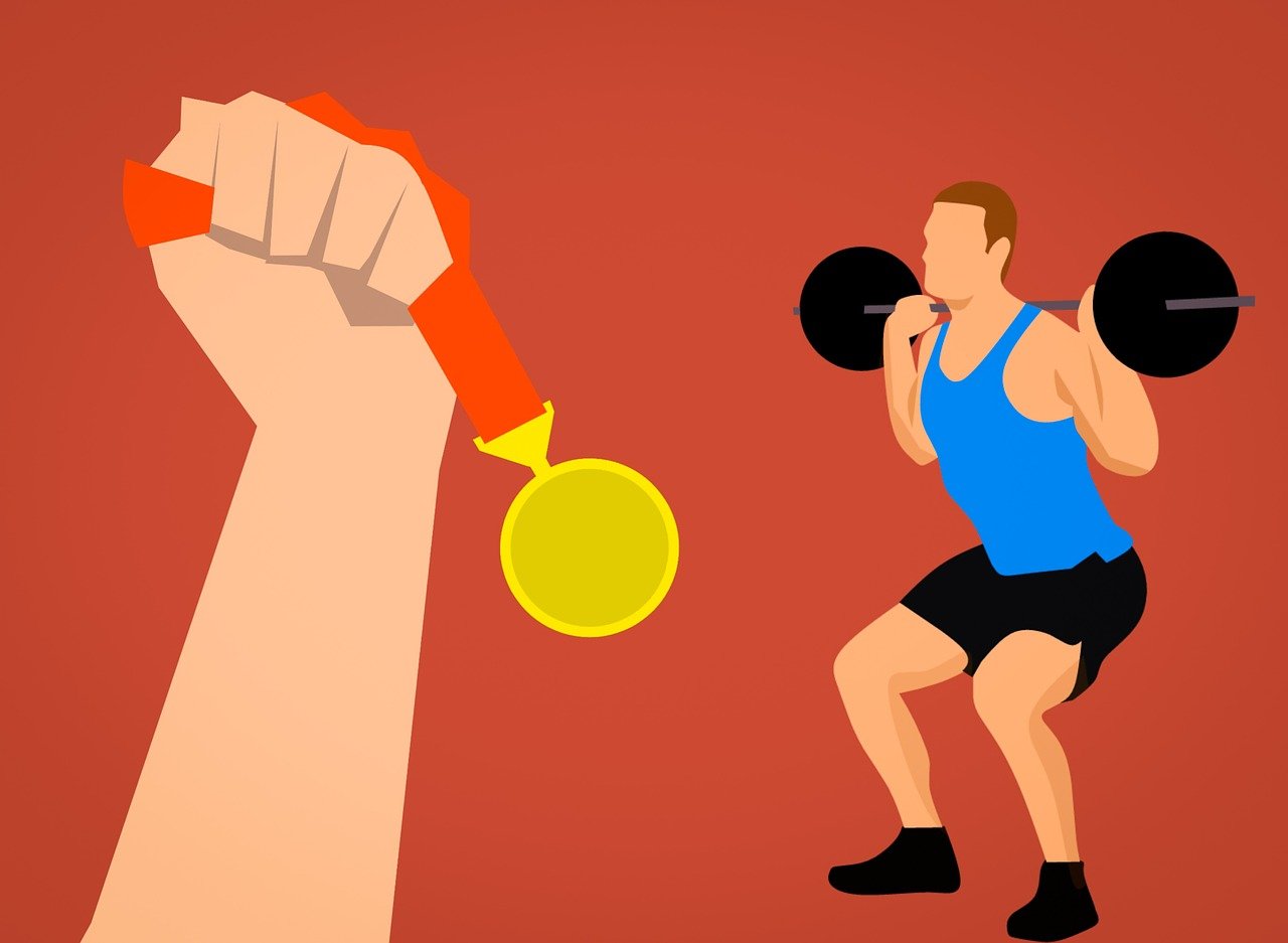 a man holding a barbell in one hand and a medal in the other, a digital rendering, inspired by Emiliano Ponzi, pexels contest winner, punching, the ring is horizontal, wikihow illustration, jen bartel