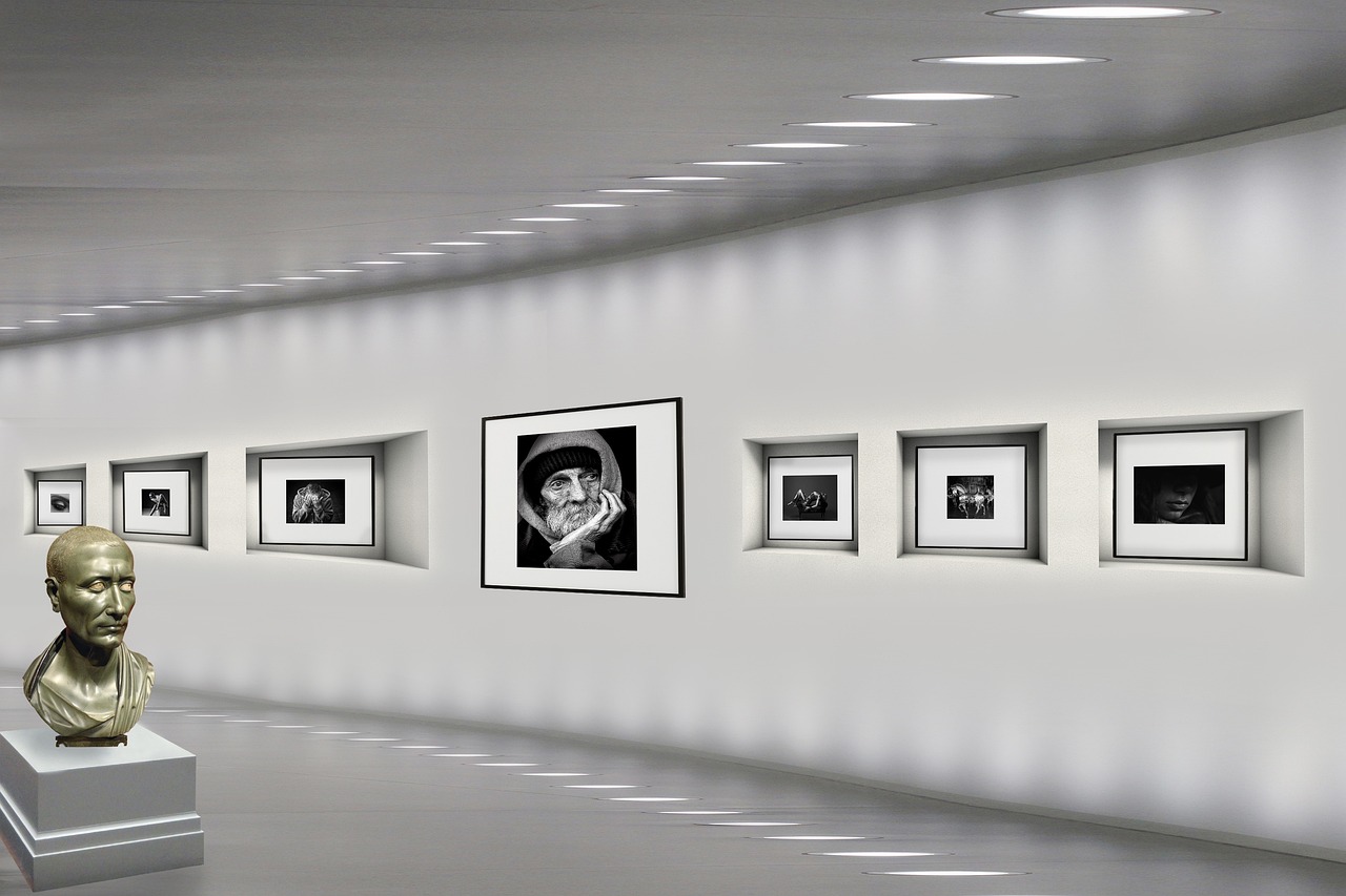 a room filled with pictures and a bust of a man, digital art, inspired by Yousuf Karsh, pexels, simple ceiling, photo 3d, hallway landscape, b&w photo