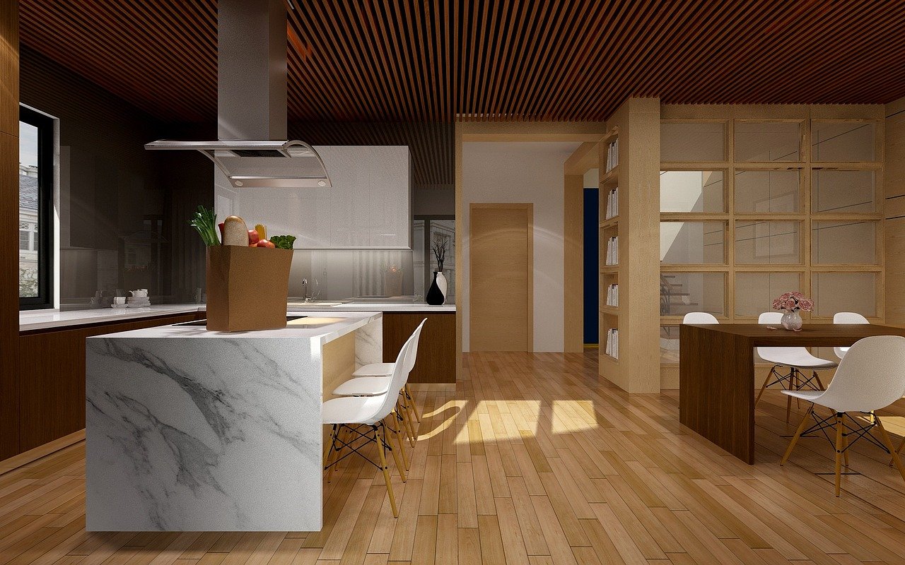 a kitchen with a marble island in the middle of the room, a 3D render, by Paul Davis, shutterstock, wood accents, open ceiling, apartment design, path tracing