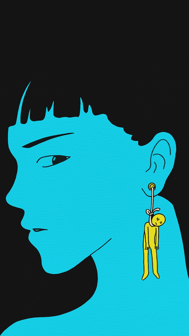 a close up of a person wearing a pair of earrings, by Michael Deforge, deviantart, neo-dada, yellow and blue and cyan, slender boy with a pale, hyung tae kim, with a black background