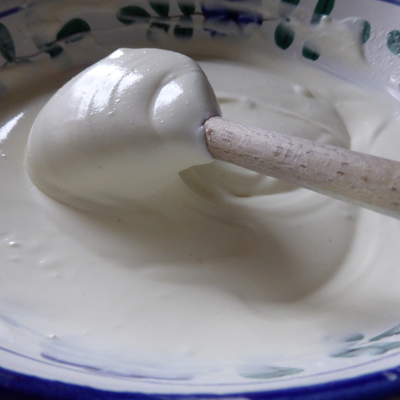 a close up of a spoon in a bowl of yogurt, inspired by Joris van der Haagen, flickr, renaissance, with celadon glaze, tutorial, plenty mozzarella, blonde cream