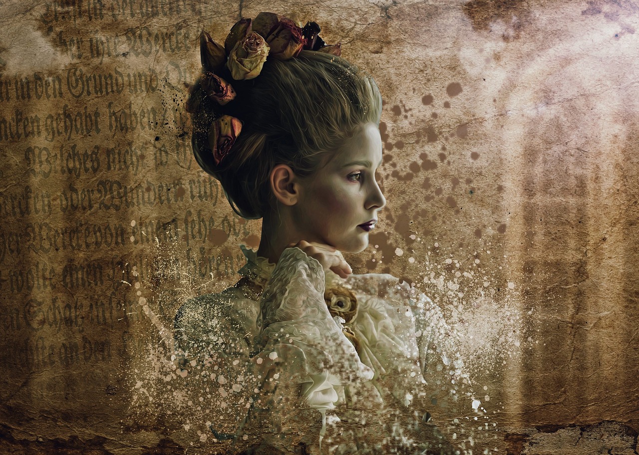 a woman with a flower in her hair, digital art, inspired by Hans Makart, pixabay contest winner, covered with cobwebs and dust, victorian clothing, advert, compositing