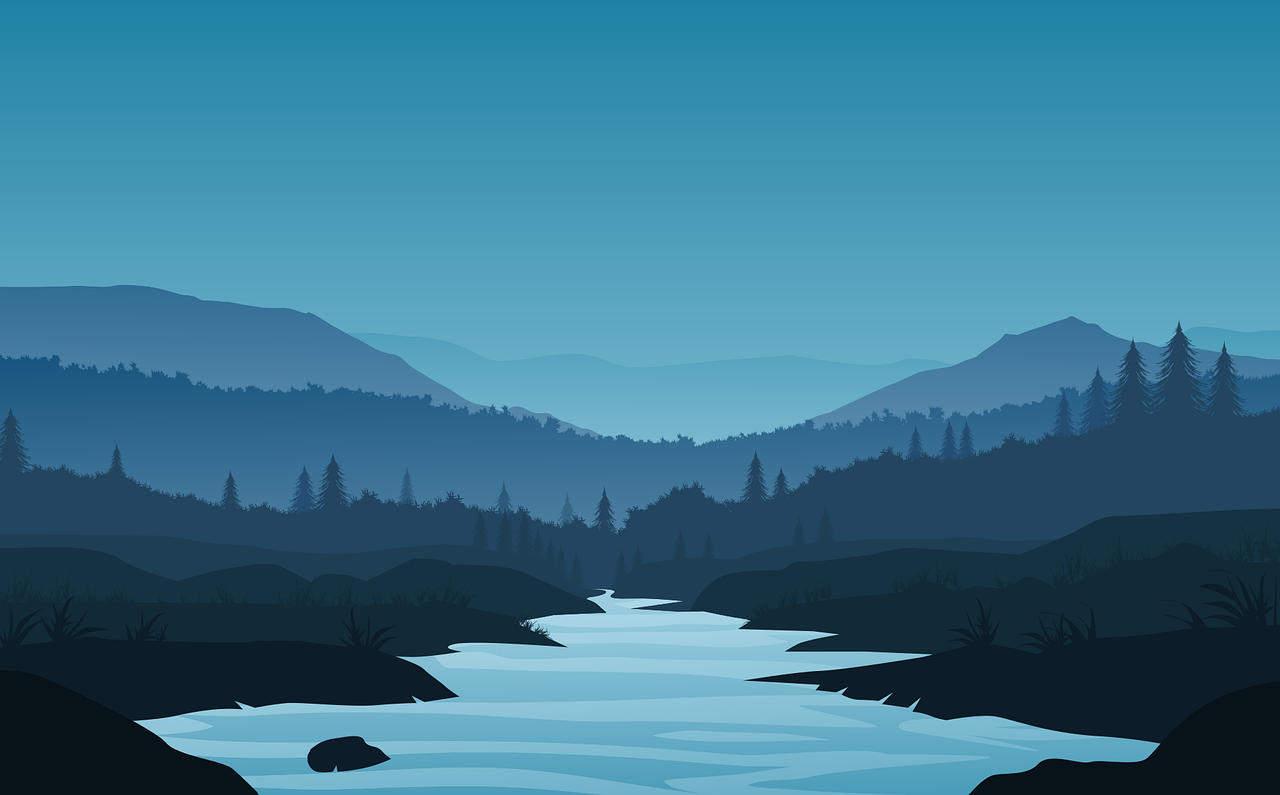 a mountain landscape with a river in the foreground, vector art, minimalism, 1128x191 resolution, blue forest, mysterious ， stream, in style of kyrill kotashev