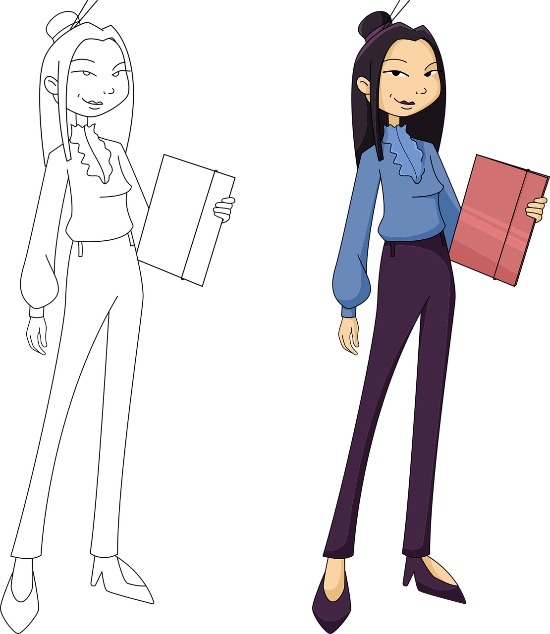 a woman in a blue shirt and purple pants holding a book, inspired by Masamitsu Ōta, deviantart contest winner, basic background, wearing business casual dress, complete darkness background, a young asian woman