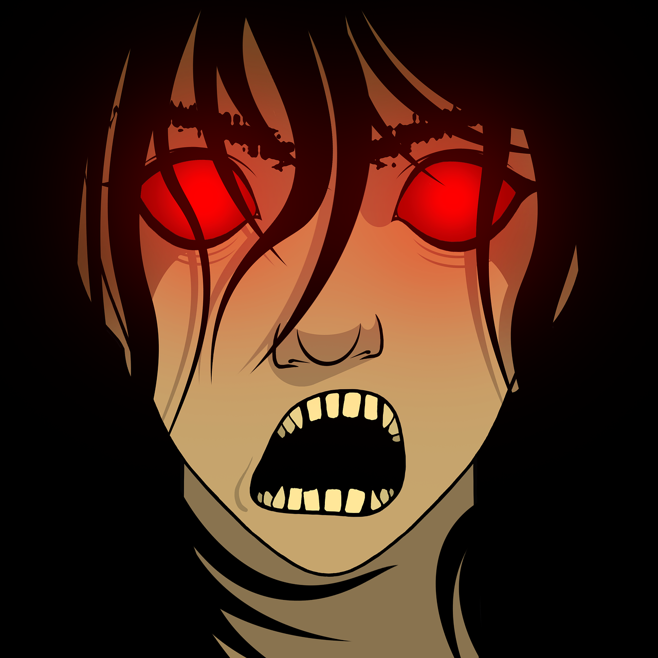 a close up of a person with red eyes, inspired by Junji Ito, tumblr, !!! very coherent!!! vector art, glowing lens flare wraith girl, very angry expression, hard lighting!