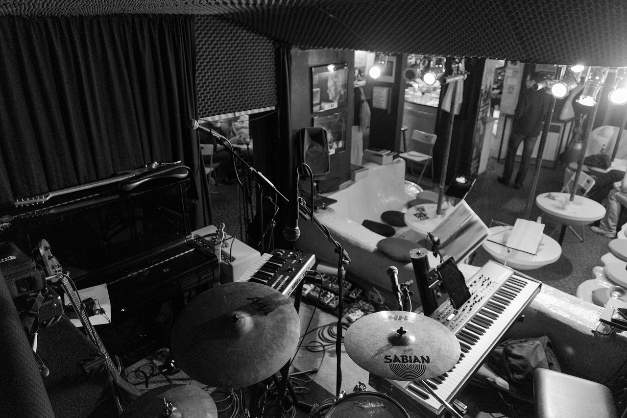 a black and white photo of a music studio, by Tom Bonson, happening, bottom angle, 🕹️ 😎 🔫 🤖 🚬, robb cobb, dreamy mood