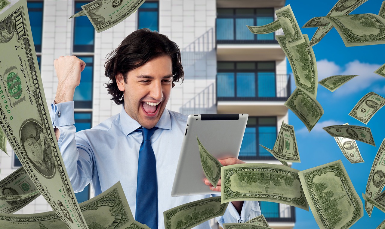 a man holding a tablet computer in front of a pile of money, a digital rendering, pixabay contest winner, excitement, full building, top floor boss shit, ebay photo