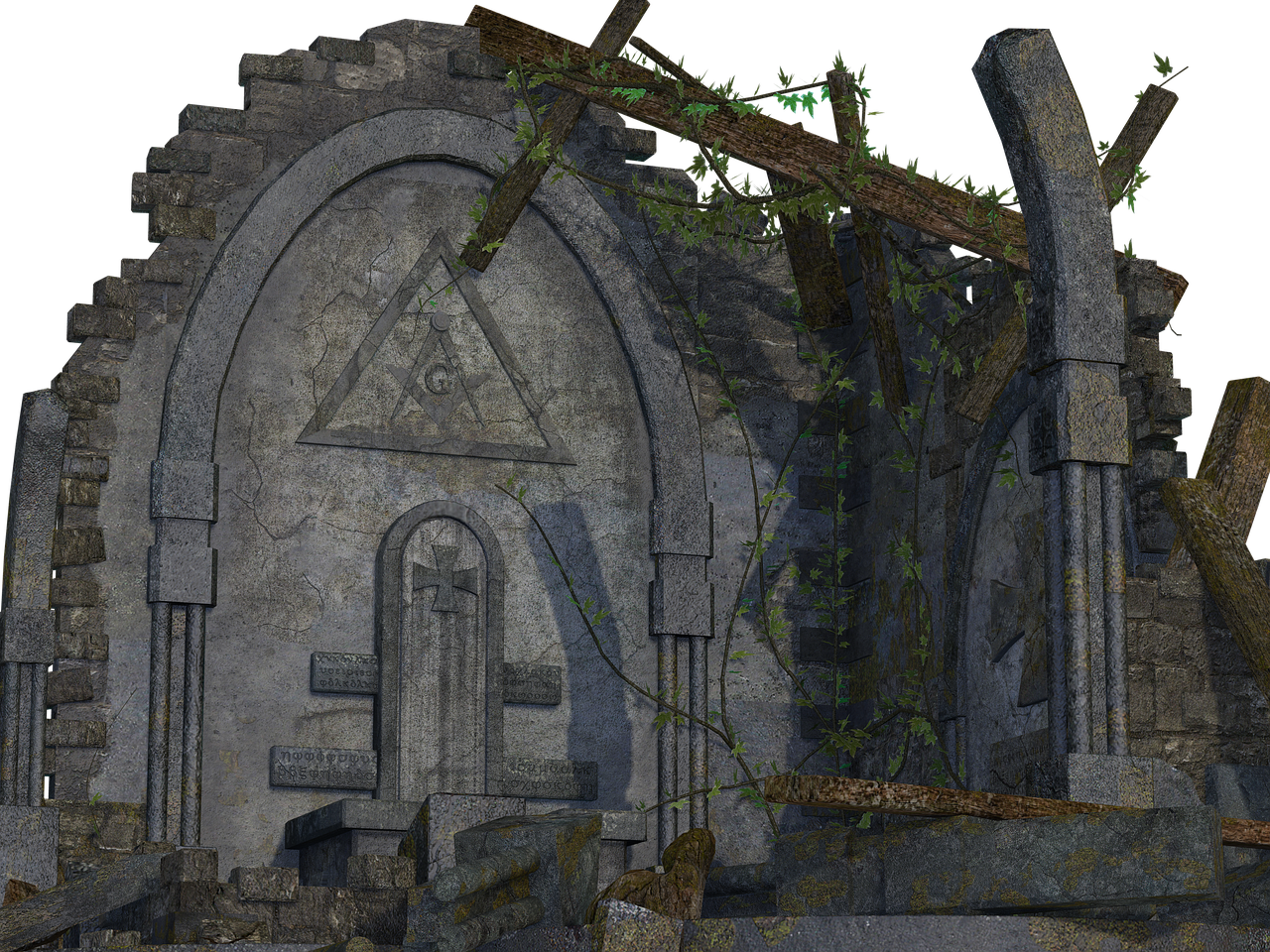 a stone building with a tree growing out of it, an ambient occlusion render, romanesque, abandoned graveyard, ancient interior tent background, full res, ruined temple covered with moss