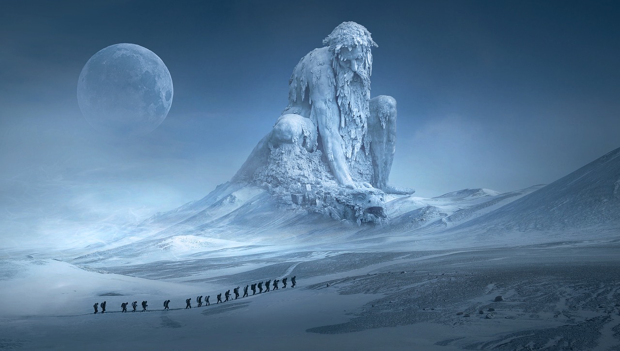 a group of people walking across a snow covered field, inspired by Igor Kieryluk, fantasy art, mountains made out of icebergs, frozen like a statue, planet hoth, from of thrones