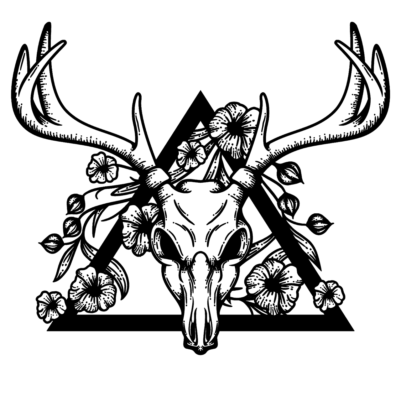 a black and white drawing of a deer's head, lineart, by Andrei Kolkoutine, skull design for a rock band, amoled wallpaper, dark flowers, dark ambient album cover