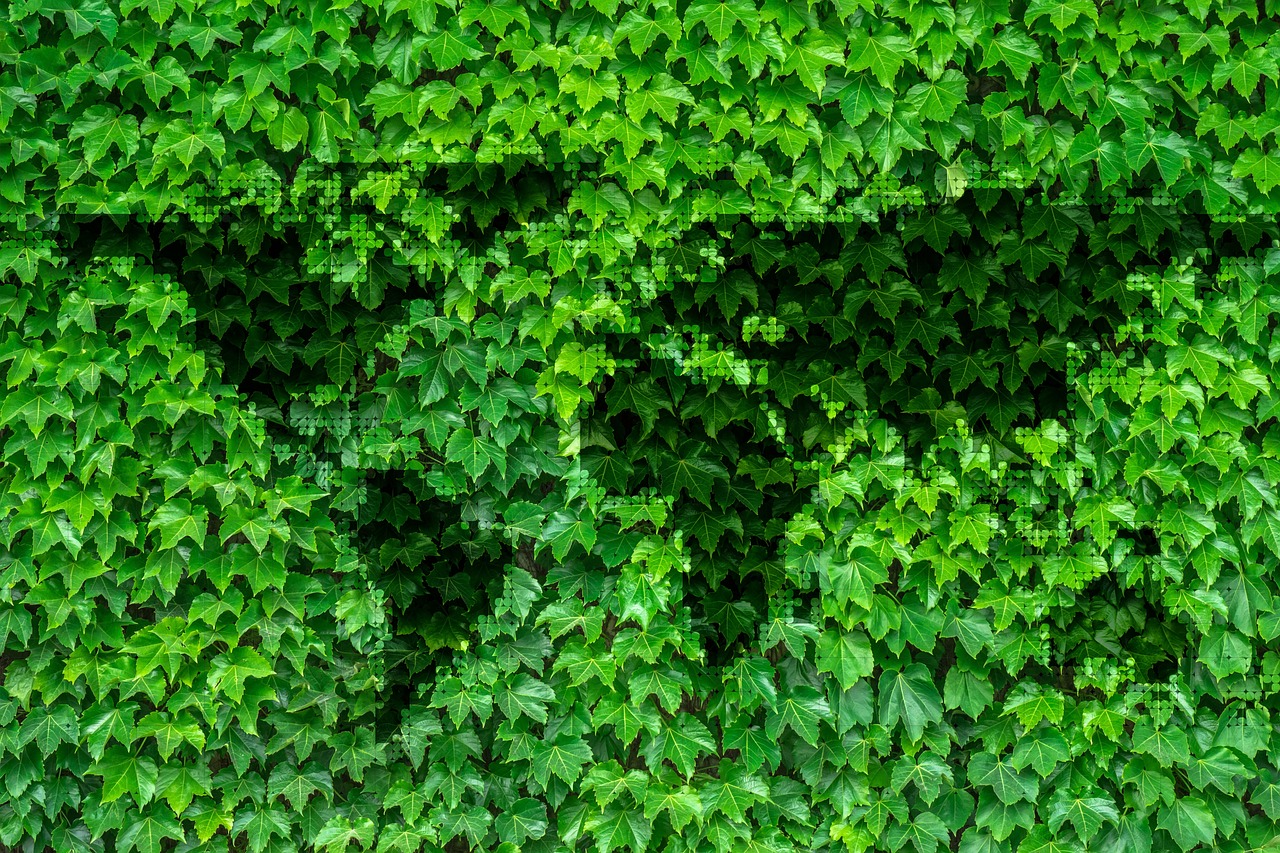 a red fire hydrant sitting in front of a lush green wall, a digital rendering, by Richard Carline, shutterstock, environmental art, tessellation, trap made of leaves, pixelated, digital green fox