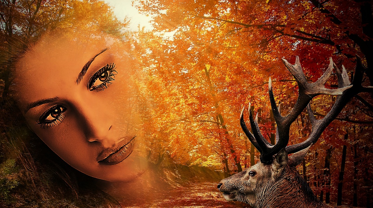 a woman standing next to a deer in a forest, an airbrush painting, trending on pixabay, fantasy art, the goddess of autumn harvest, beautiful face!!!!, indian girl with brown skin, blank