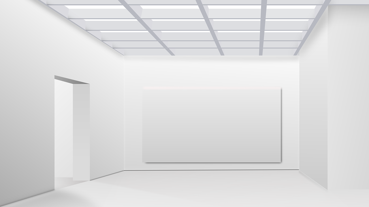 an empty room with a painting on the wall, a minimalist painting, inspired by David Ligare, deviantart, minimalism, clean white lab background, suspended ceiling, museum of modern art, digital screens on the walls