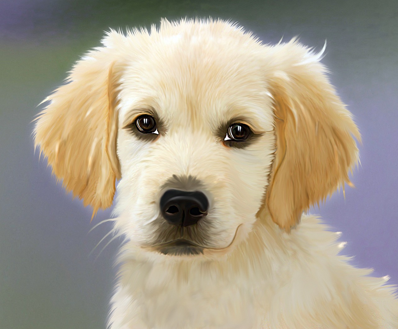 a close up of a dog's face with a blurry background, a digital painting, by Brian Thomas, pixabay, photorealism, puppies, a blond, detailed vectorart, highly detailed picture