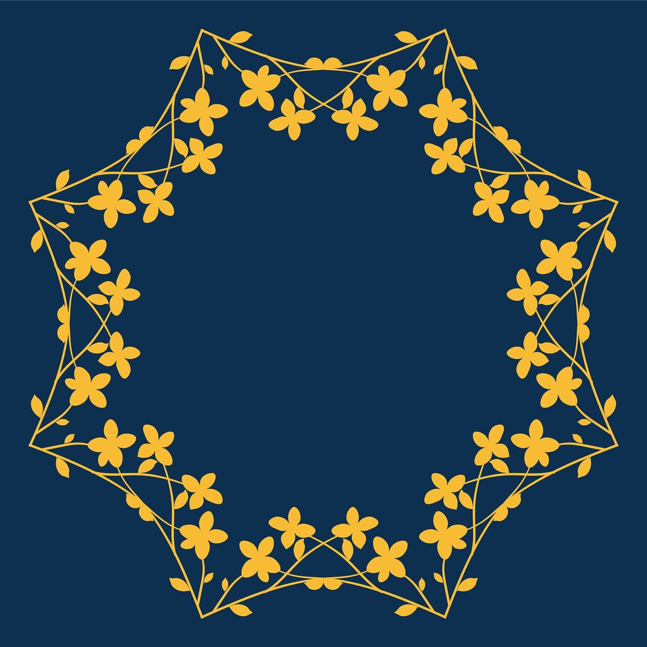 a decorative frame with yellow flowers on a blue background, inspired by Otto Frölicher, geometric patterns ornaments, circular shape, jasmine, dark blue color