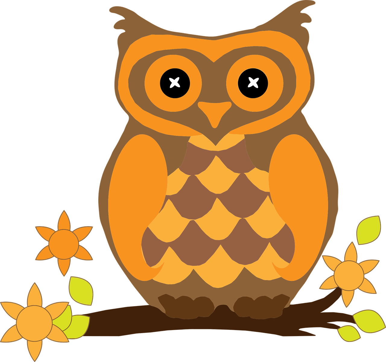 an owl sitting on top of a tree branch, vector art, pixabay, mingei, dark orange, panzer, 😃😀😄☺🙃😉😗, back