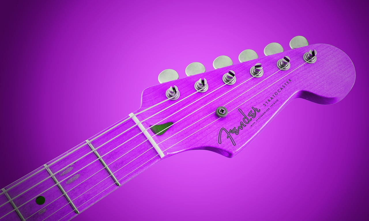 a close up of a purple electric guitar, a digital rendering, fantastic realism, high resolution print :1 cmyk :1, pink vibe, solid background color, fender stratocaster