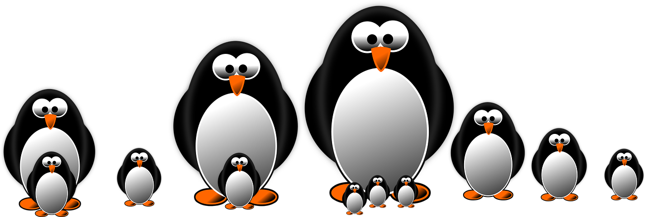 a group of penguins standing next to each other, pixabay, computer art, black backround. inkscape, rounded corners, swarovski, family photo